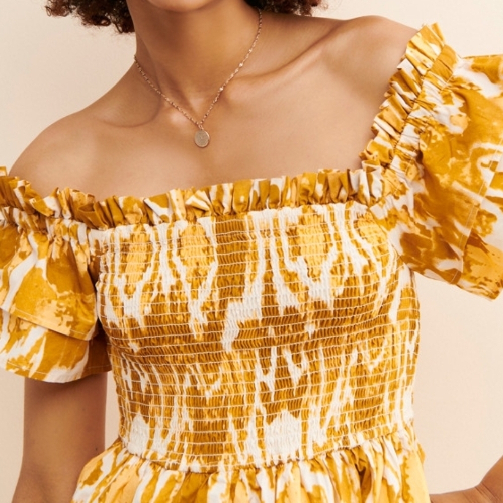 Cleobella Samantha Midi Dress Ruffle Tiered 100% Cotton Yellow Print Size XL